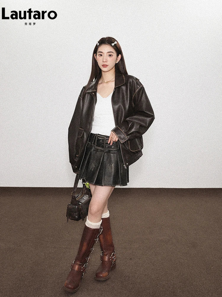 Spring Summer Cool Black Distressed Pleated Faux Leather Mini Skirt Women Belt Short Pu Leather Skirts for Woman 2024