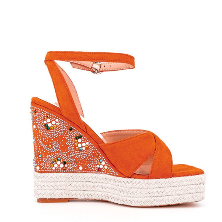 Summer New Suede Thick Bottom Wedge Sandals Round Head Diamond Inlaid Super High Heel Buckle Platform Fashion Sandals N57 orange