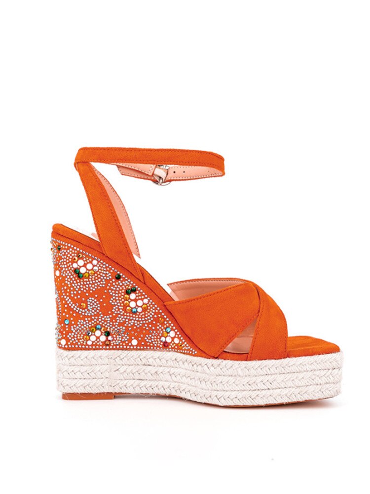 Summer New Suede Thick Bottom Wedge Sandals Round Head Diamond Inlaid Super High Heel Buckle Platform Fashion Sandals N57 orange