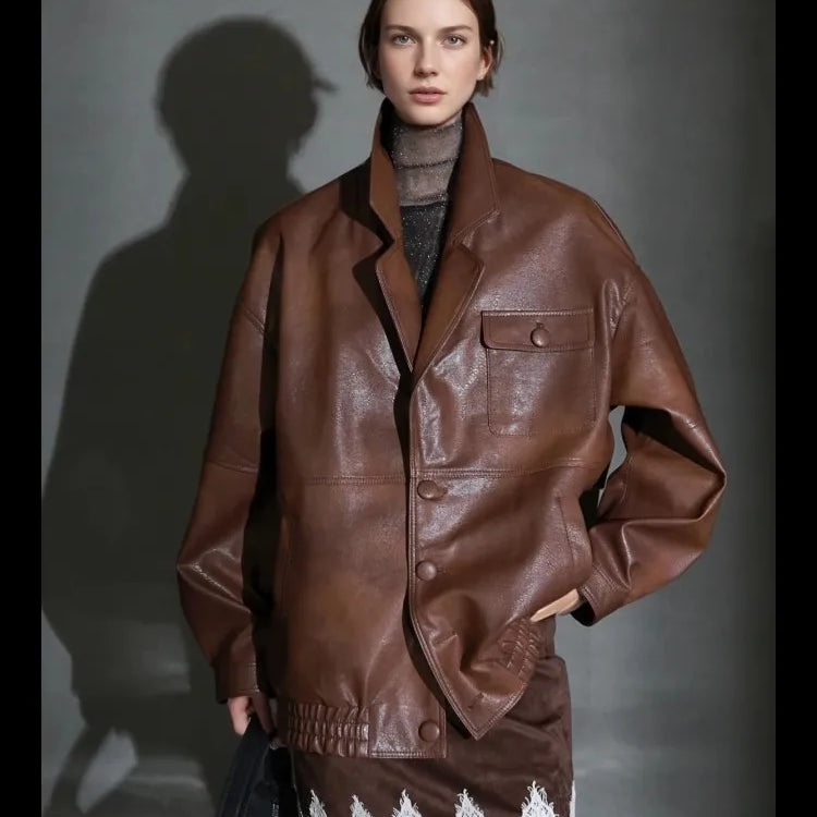 Lautaro Spring Autumn Oversized Waterproof Distressed Brown Pu Leather Jacket Women Single Breasted Luxury Designer Clothes 2025 Brown