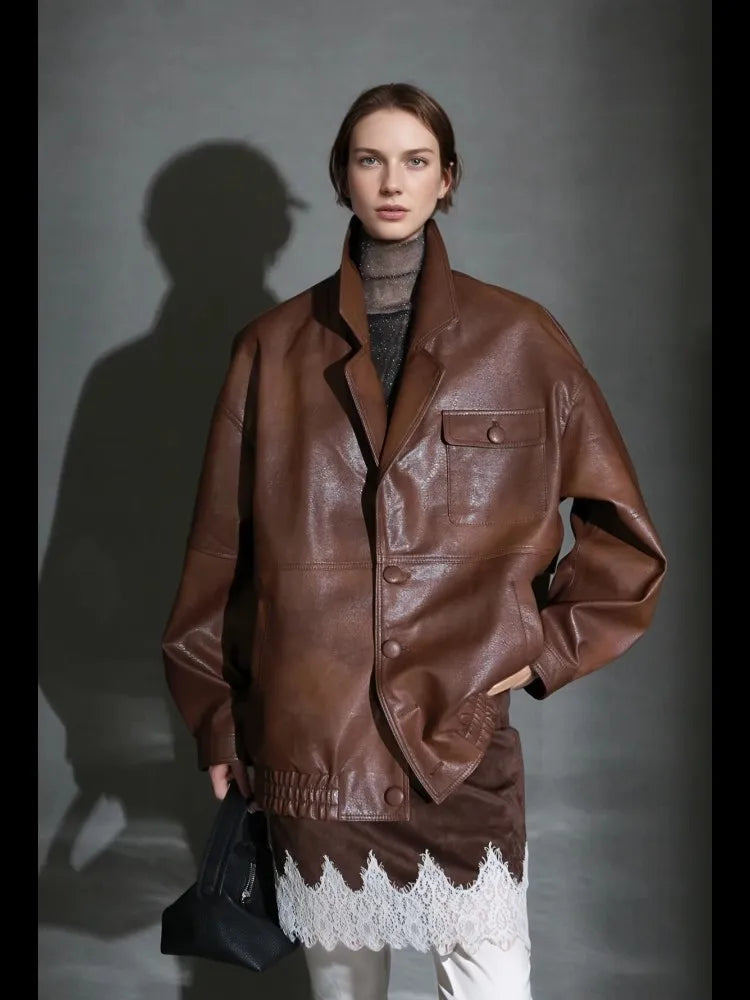 Lautaro Spring Autumn Oversized Waterproof Distressed Brown Pu Leather Jacket Women Single Breasted Luxury Designer Clothes 2025 Brown