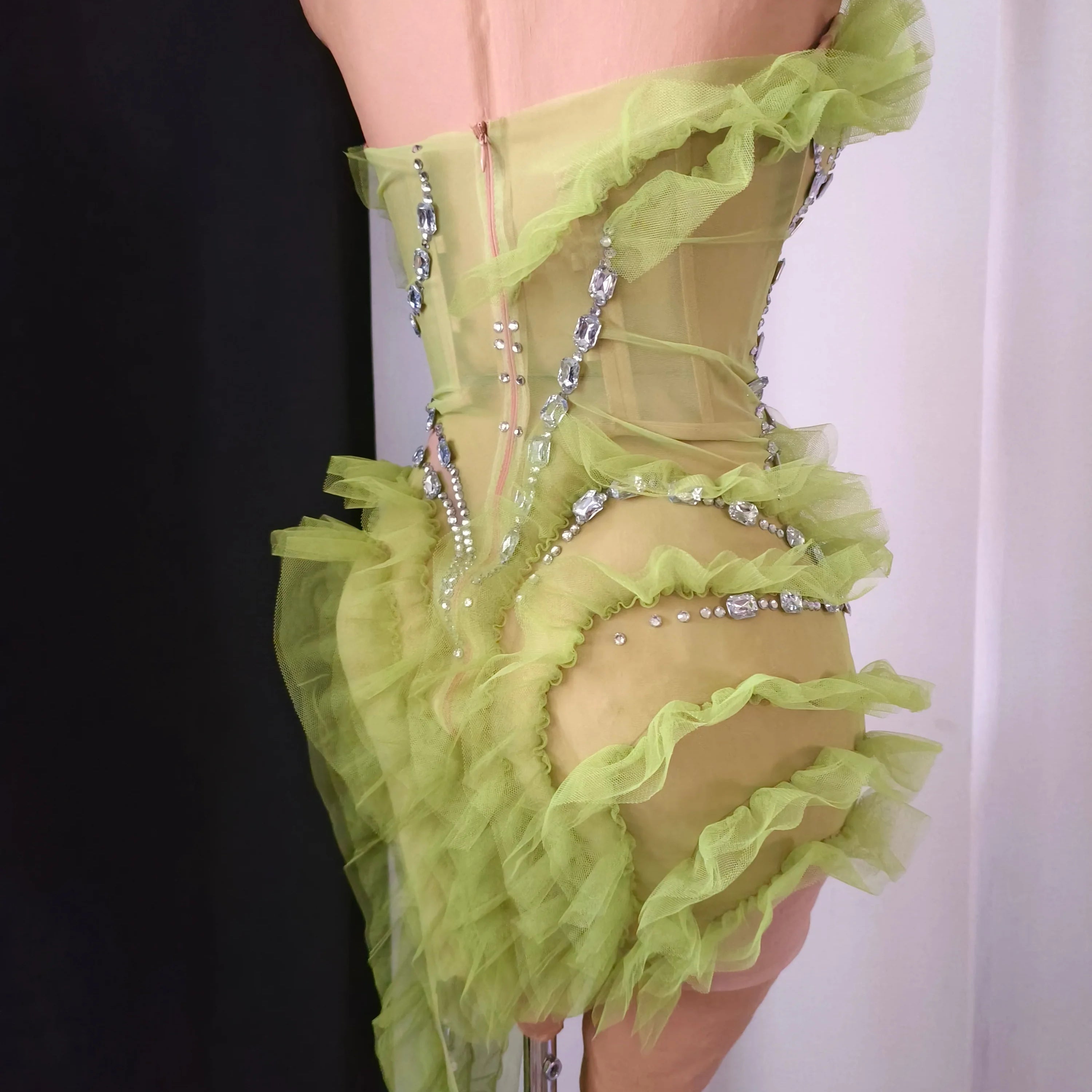 Luxury Green Sheer Mesh Ruffle Dress Neck Crystal Rhinestone Trim Cut Out Slim Fit Evening Wedding Guest Cocktail Party Dress
