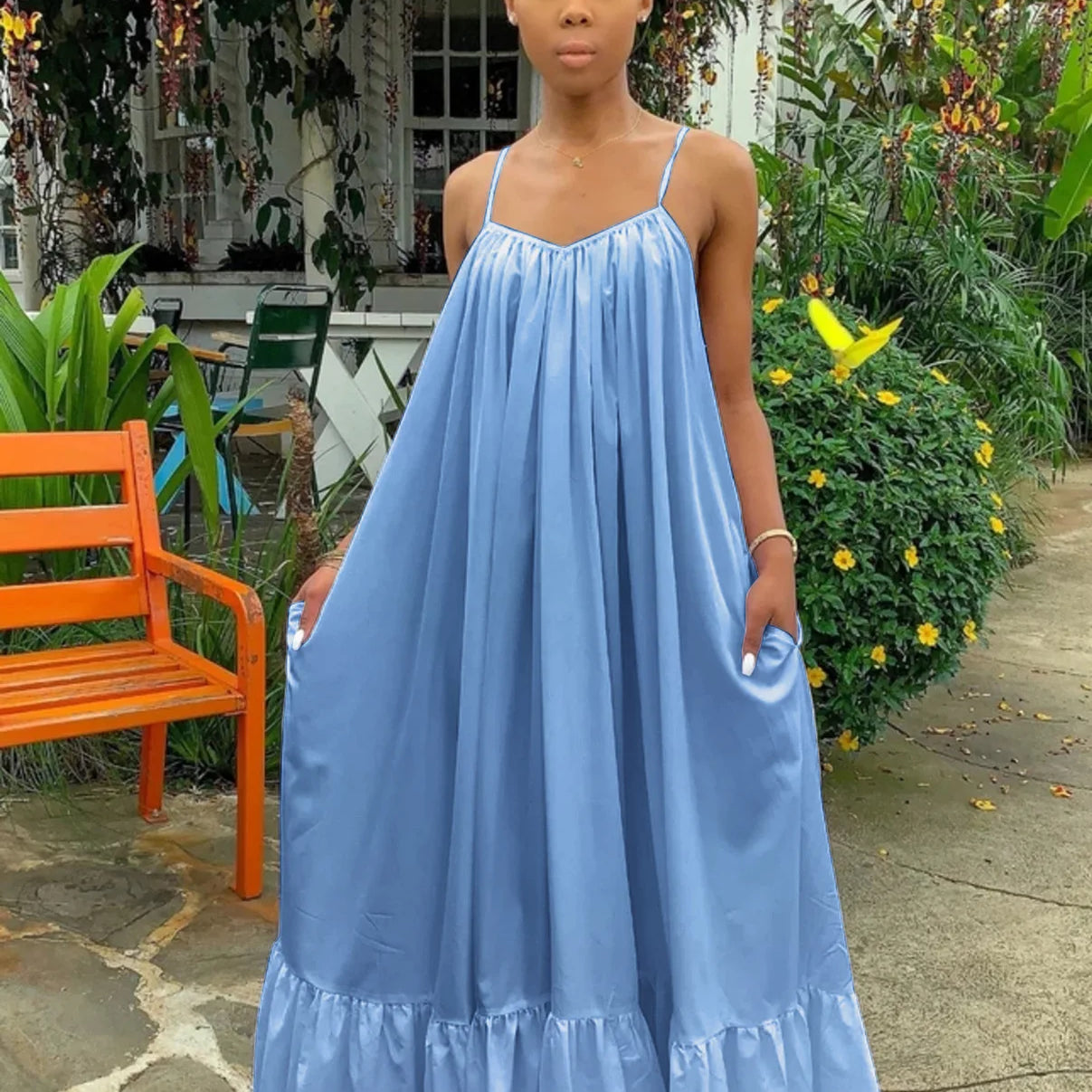 CMYAYA Women Summer Long Maxi Dress Sexy Sleeveless Strap Loose Beach Party Night Club Bandage Female S-5XL Dresses Vestido Light Blue