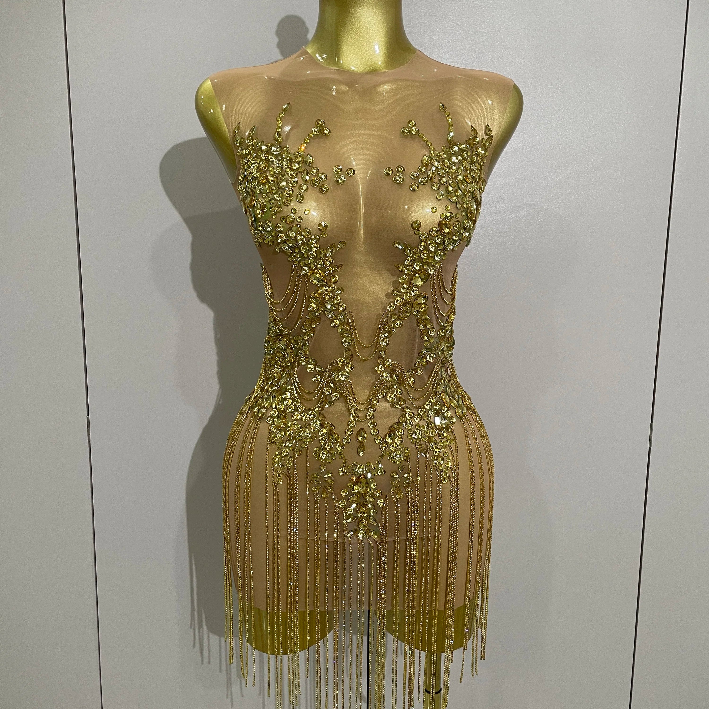 Luxury Sparkly Rhinestones Chain Sleeveless Mini Dress 2025 Women Sexy Performance Dance Nightclub Outfit Birthday Party Dress Gold