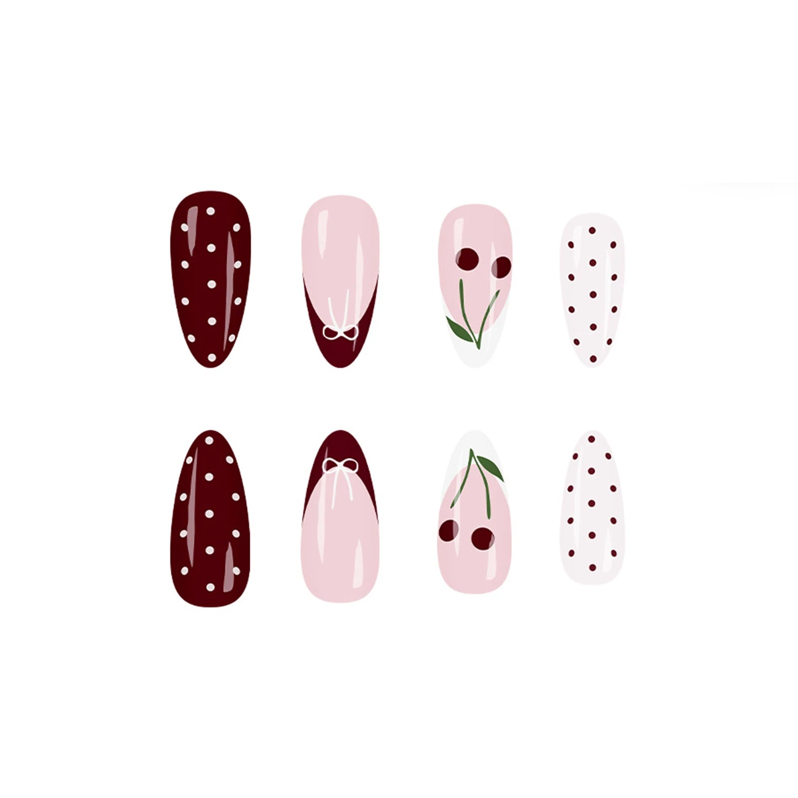 24Pcs Wine Red Almond Fake Nails with Polka Dot/Bowknot/Cherry Designs French Press On Nails Women Girls New Year Charm Manicure