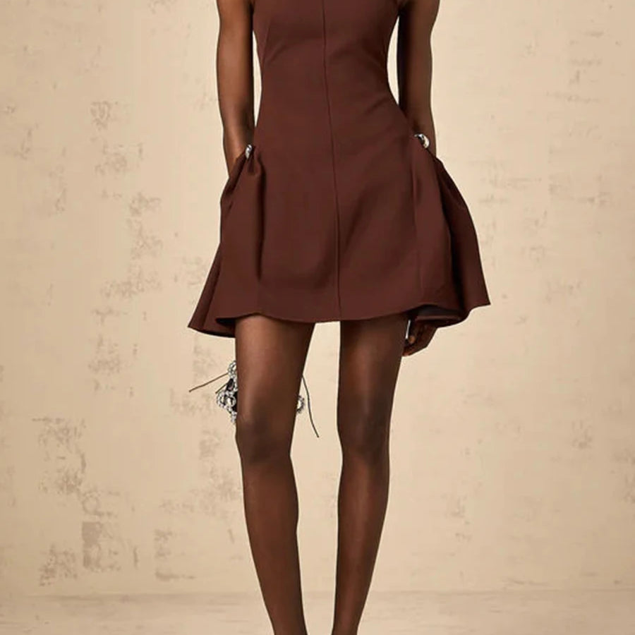 Solid Slimming Elegant Mini Dresses for Women Round Neck Sleeveless Patchwork Folds Tunic Dress Female Clothing New