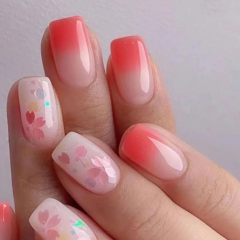24Pcs Mid-Length Ballet Nails Set Pres on Cute Gradient Pink Flower Design False Nails Wearable Full Cover Fake Nail Tips 767