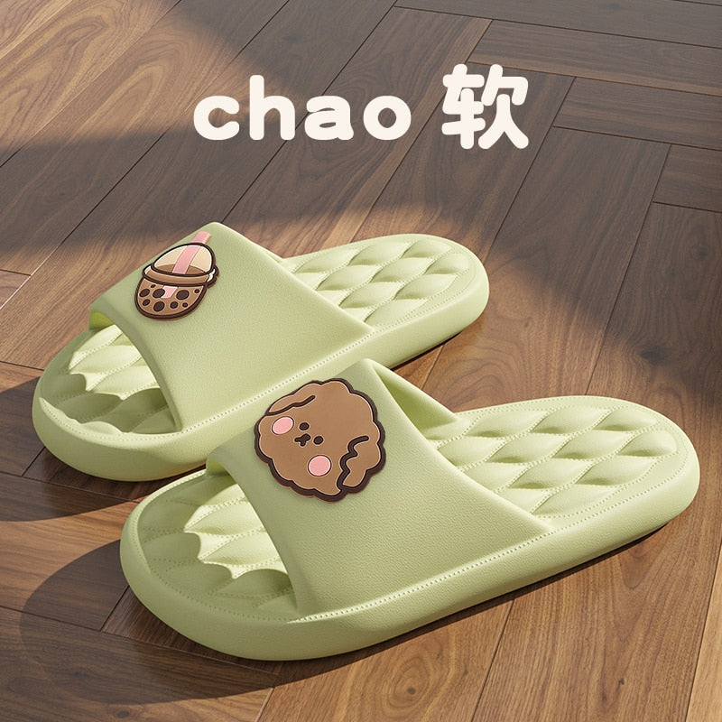 Solid Bear Slippers Cartoon Graffiti Shoes Women Summer Flip-Flops Beach Sandals Thick Platform Soft Cozy Casual Home Slippers Green2