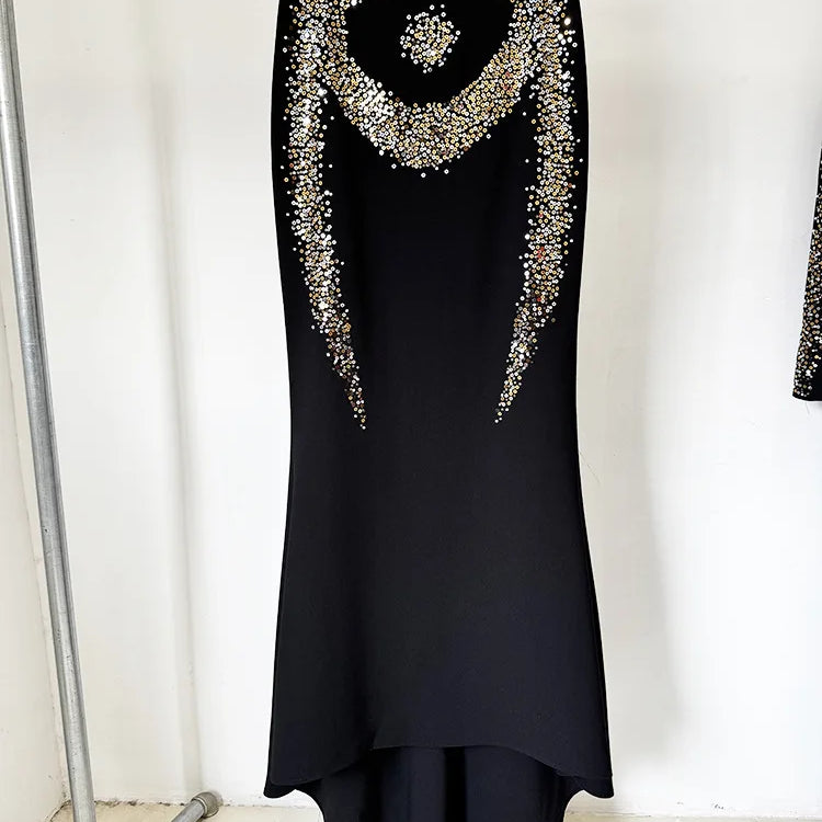 New Autumn Women Shinning Rhinestones Long Sleeve Sexy 2 Pieces Long Set Elegant Evening Party Runway Red Carpet Women's Set