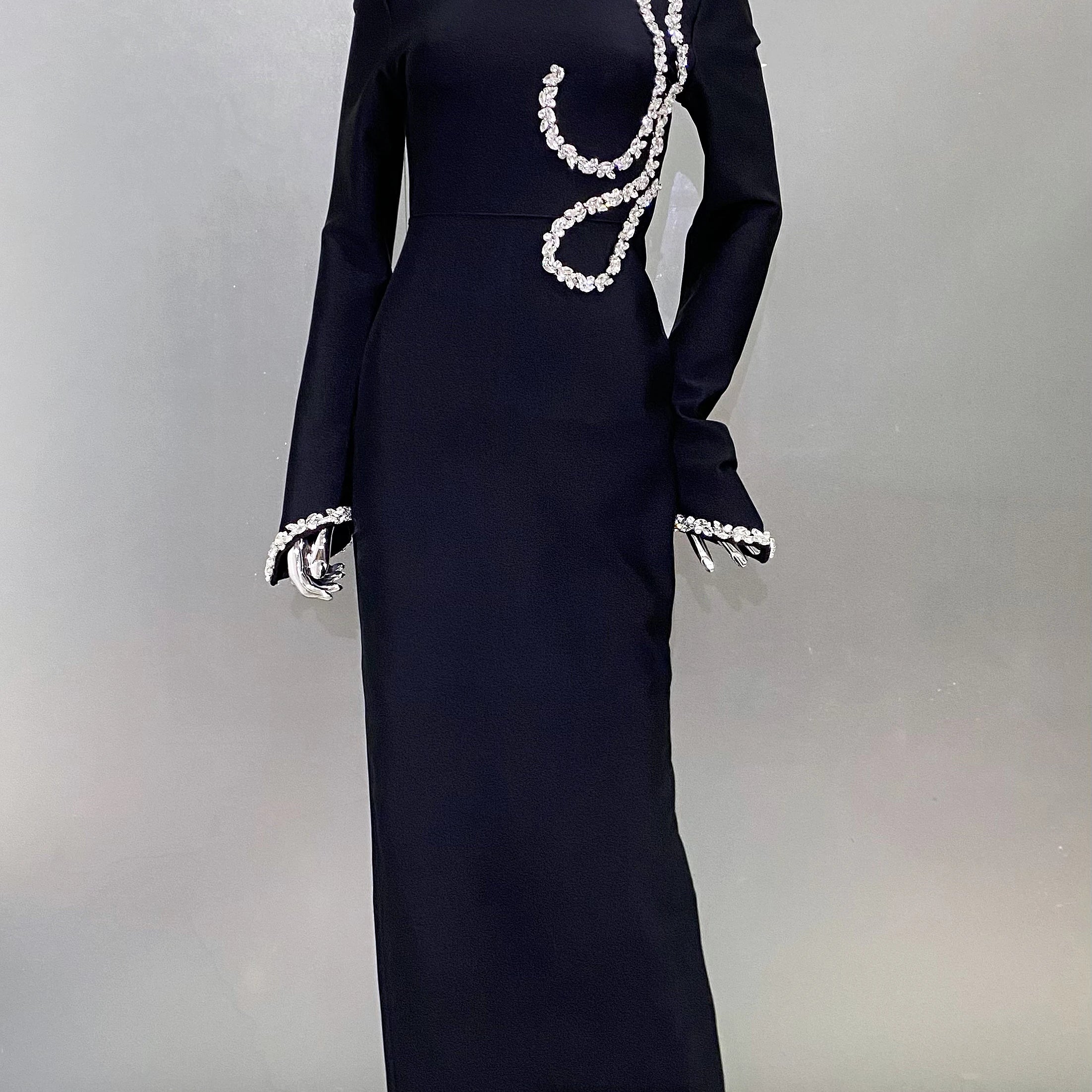 Shining Diamonds Half High Collar Black Long Bandage Dress Elegant Woman Evening Party Dress Cocktail Party Outfit black