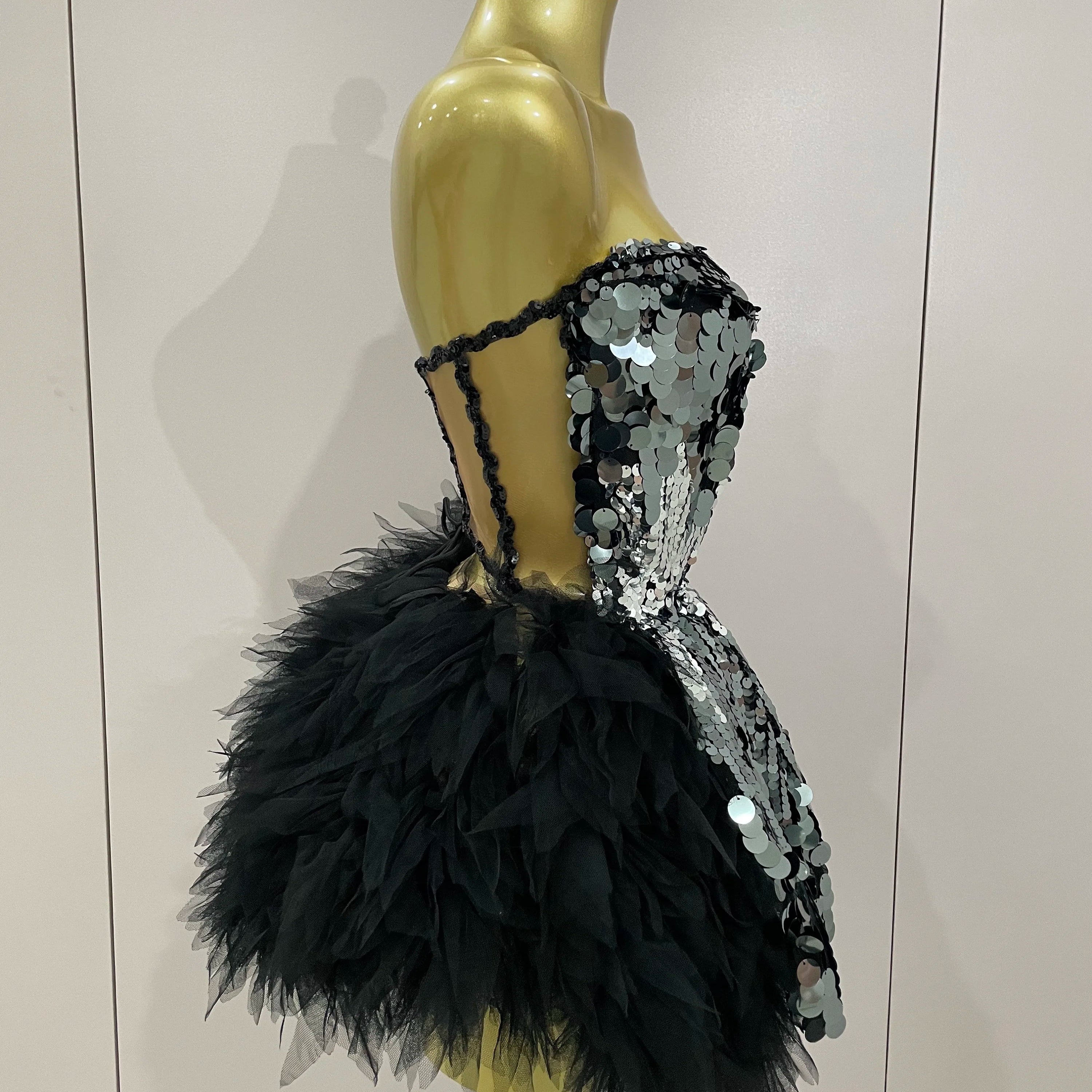 Sparkly Black Sequins Two Pieces Set 2025 Women Party Evening Prom Celebrate Birthday Dress Nightclub Photo Shoot Stage Costume