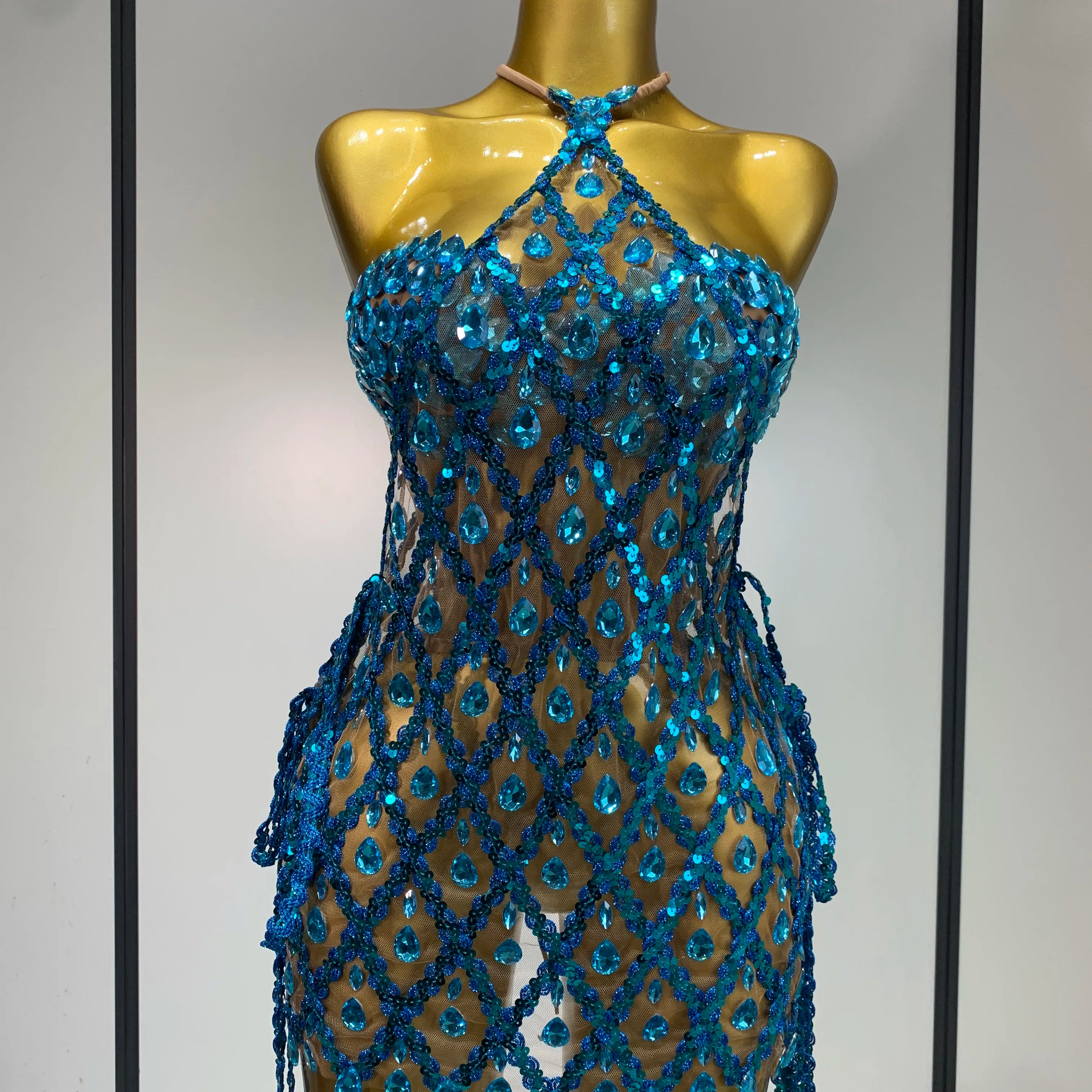 Sparkly Sequin Diamond Mesh Transparent Two Piece Set Women 2025 Sexy Evening Party Celebrate Birthday Photo Shoot Wear Blue