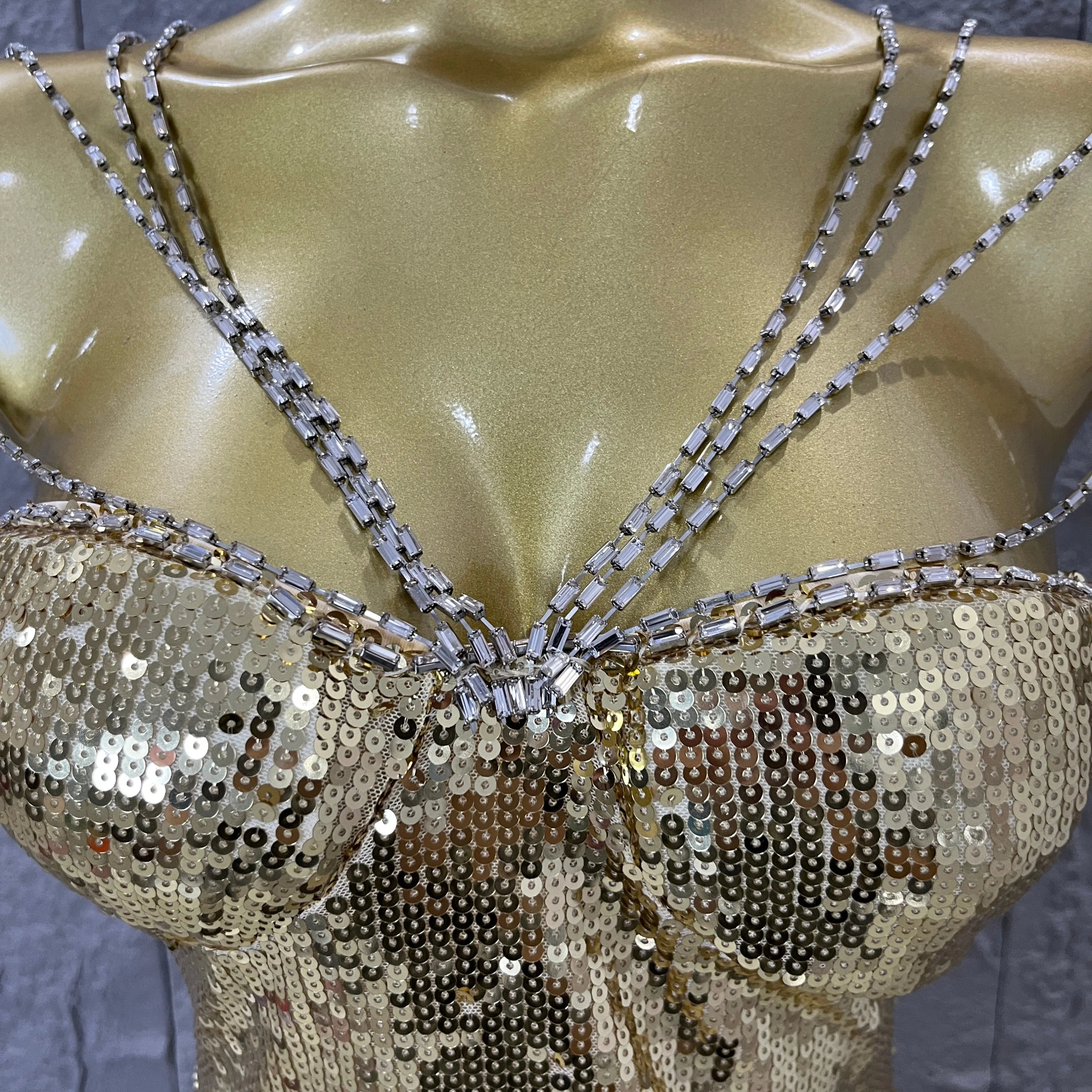 Classic Gold Sequin Mermaid Dress Rhinestone Chain Shoulder Straps Sweetheart Neck Formal Evening Gala Photoshoot Cocktail Party