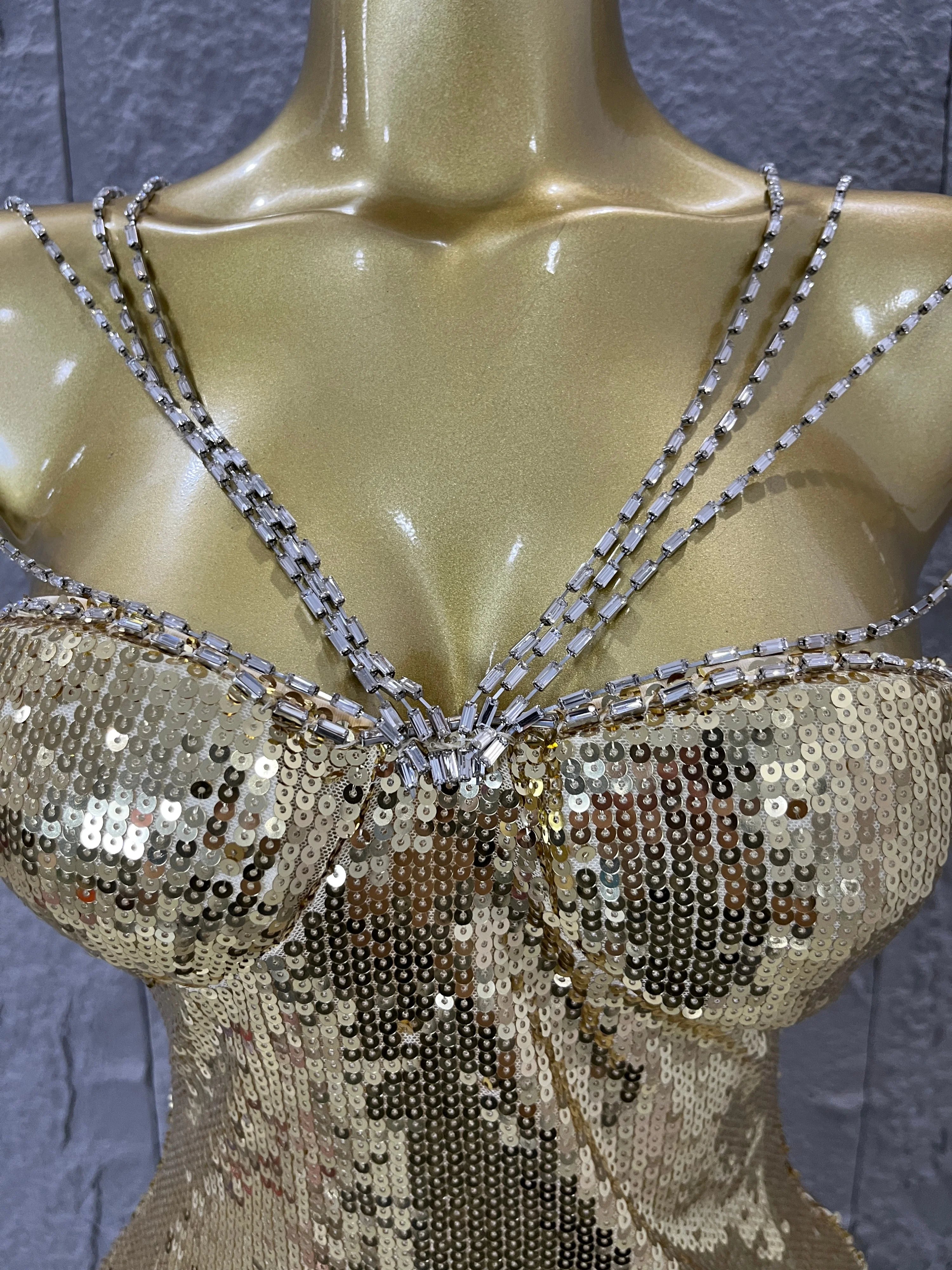 Classic Gold Sequin Mermaid Dress Rhinestone Chain Shoulder Straps Sweetheart Neck Formal Evening Gala Photoshoot Cocktail Party