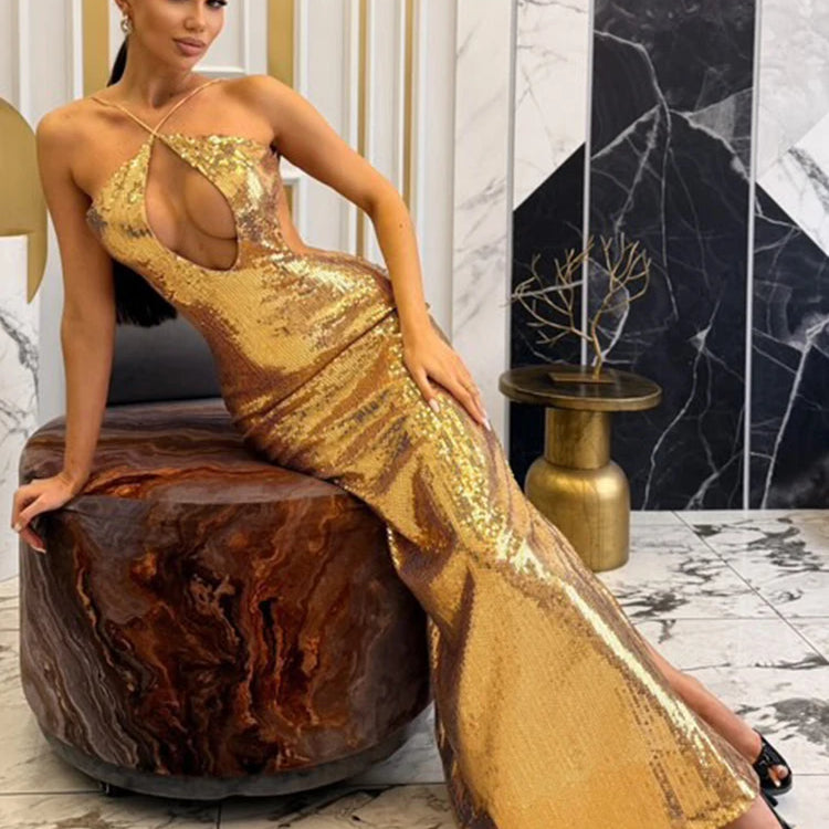 Women'S Gold Sequins Luxury Party Gown Sexy Backless Long Dress For Wedding Banquet Party Female Clothing