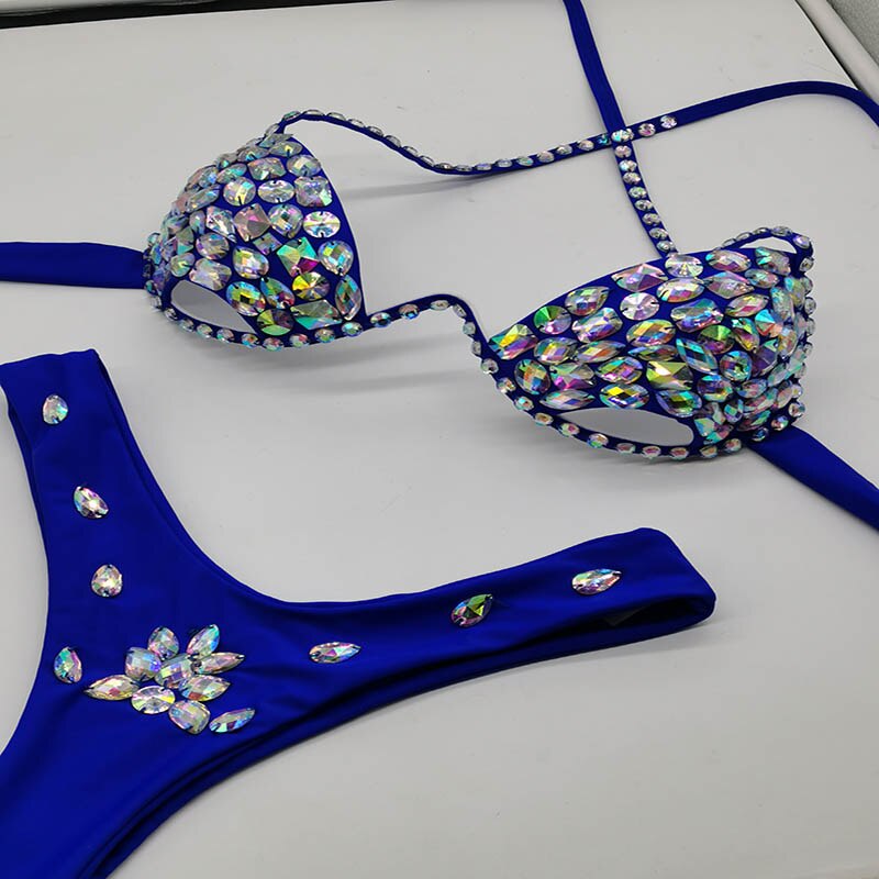 Push Up Rhinestone Bikini Luxury Crystal Diamond Women Swimwear Hollow Out Swimwsuit Manual Customized Bathing Suit Blue