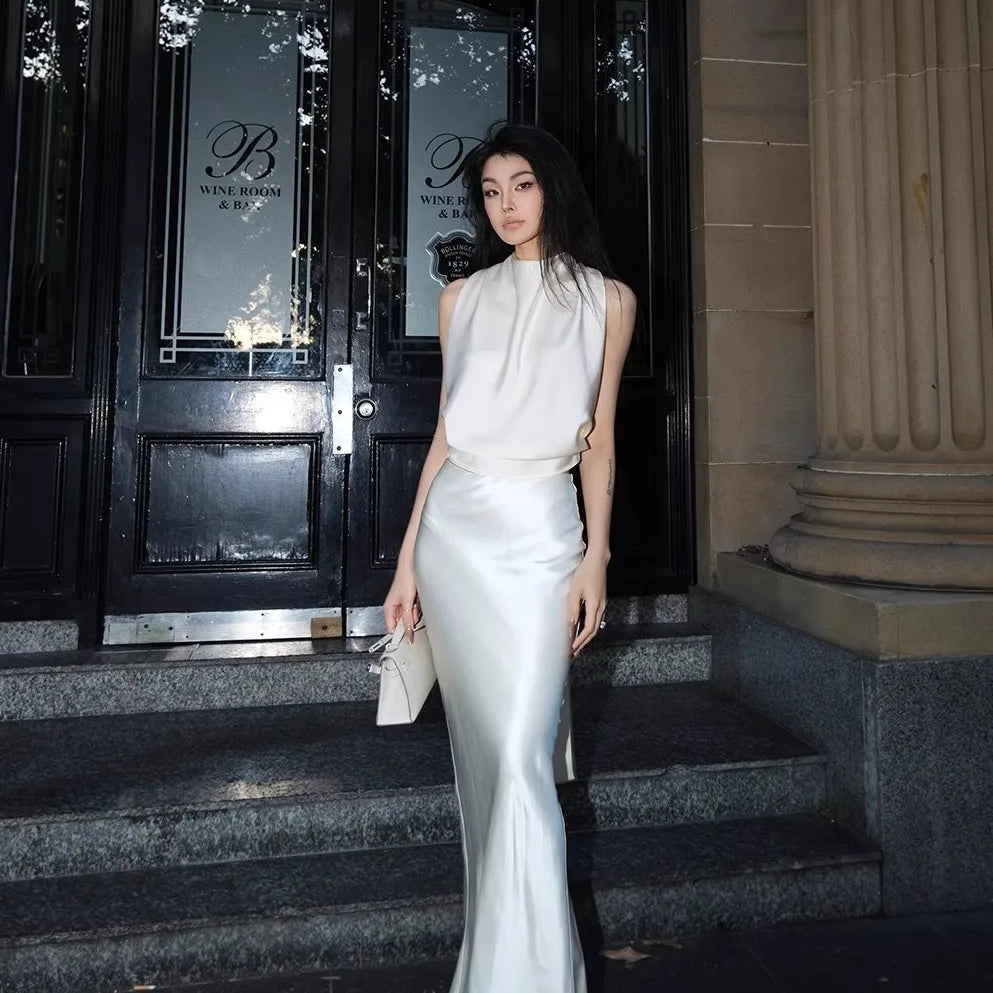 Lautaro Spring Autumn Soft Flowy Acetate Floor Length Trumpet Skirt Women Elegant Chic Luxury Designer High Quality Clothes 2025