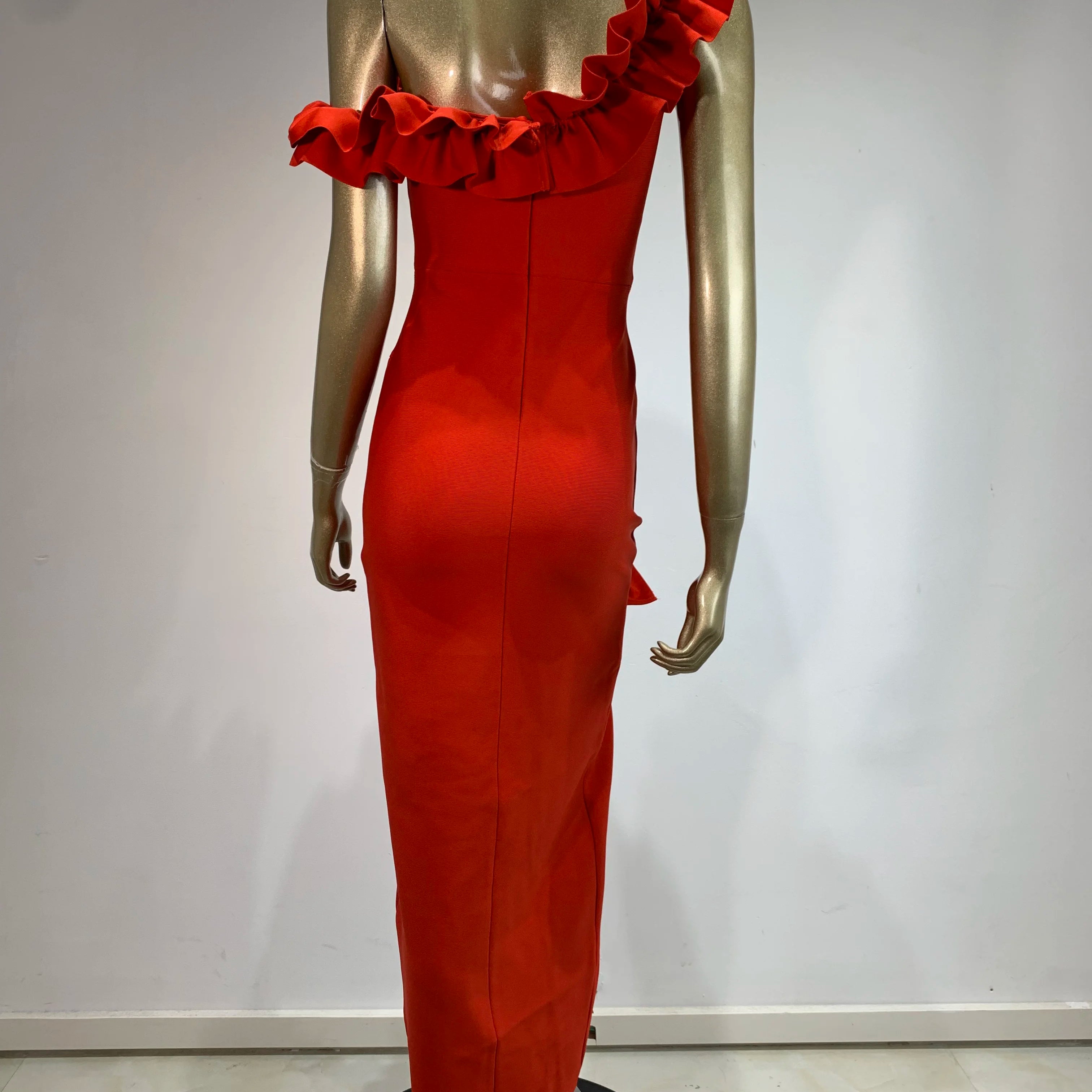 Women Celebrity Sexy Off Shoulder Ruffles Black Red Split Midi Bodycon Bandage Dress 2024 Elegant Evening Club Party Outfit