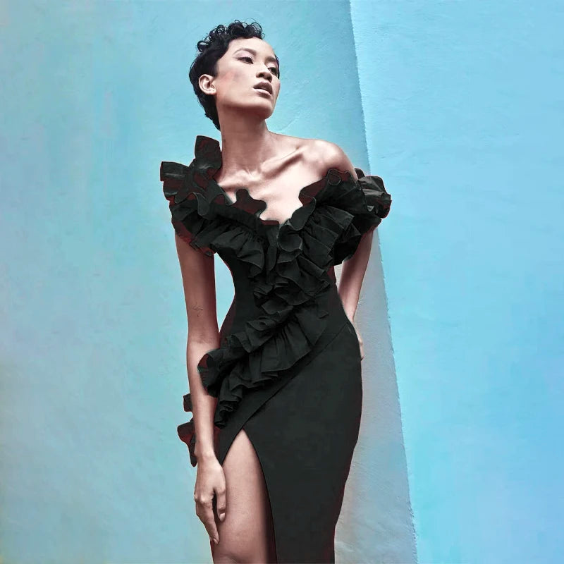 Red Black Women Sleeveless Off the Shoulder Ruffles Bodycon Bandage Mid-calf Dress Nightclub Party Celebrate Evening Dress black