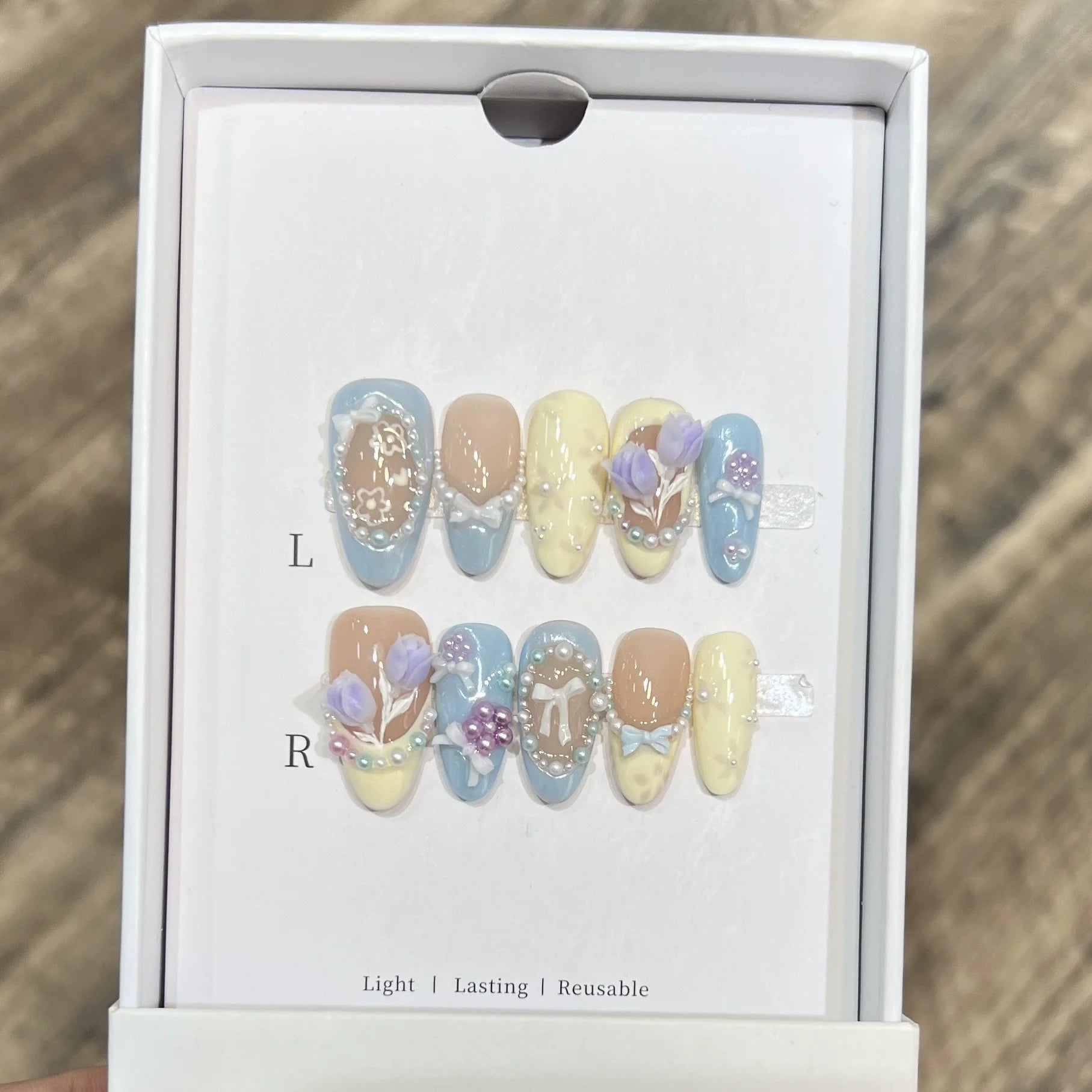 10Pcs Medium Almond Nail Tips Art with Colorful French 3D Flowers Wave Stripe Beauty Nails Artificial Wearable False Nails Tools