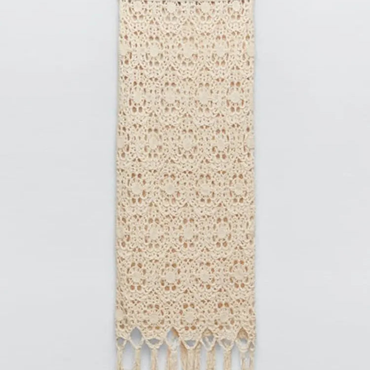 Jacquard Hollow Crochet Knit Tassel Skirts Sets Long Sleeved Woven Cropped Top Long Skirts Suits Women's Vacation Outfits Skirt