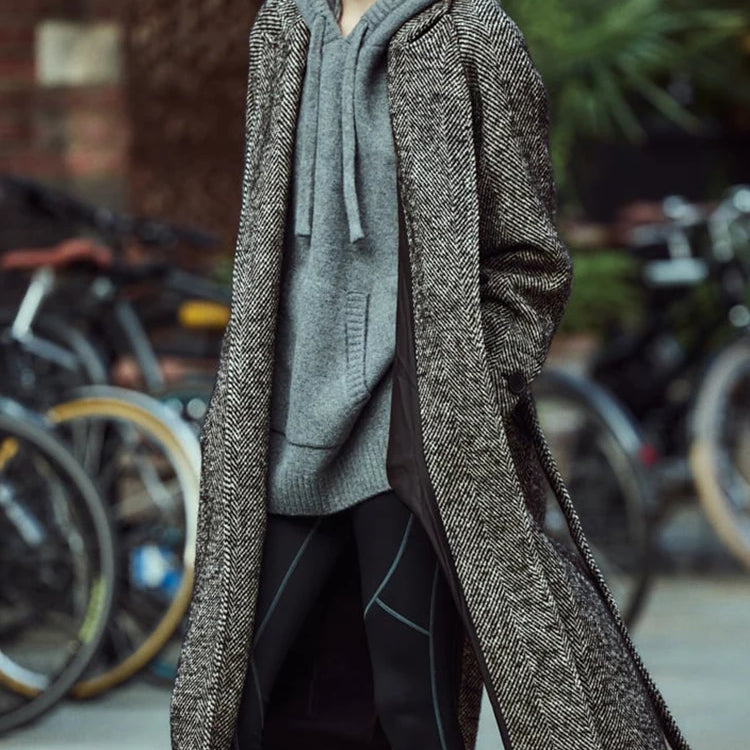 Women's Warm Windbreaker Fall And Winter New Retro Long-Sleeved Classic Jacket Herringbone Twill With Belt Windbreaker