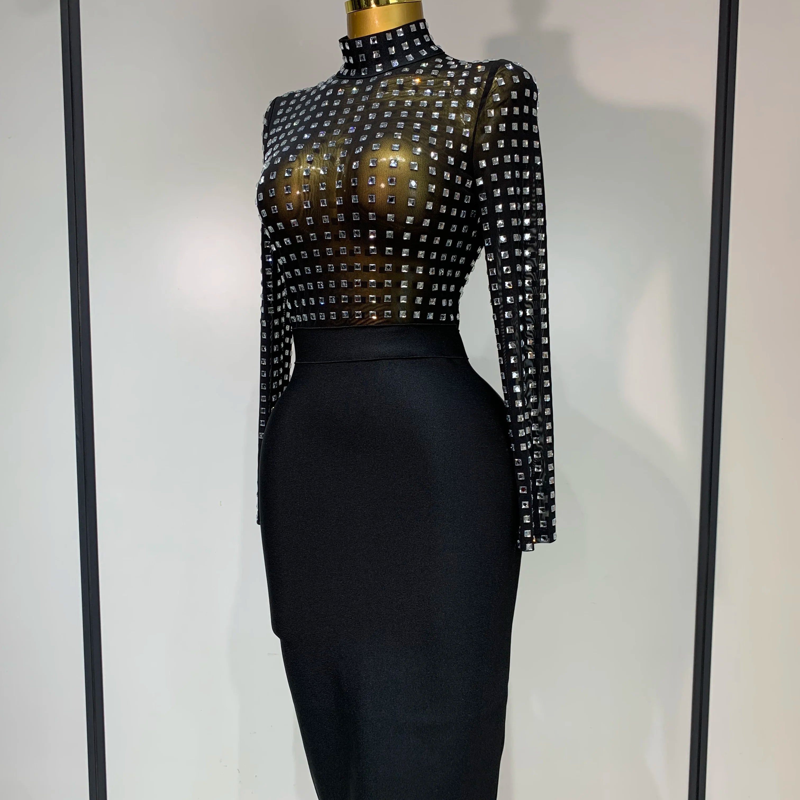Celebrity Sexy Turtleneck Rhinestones Black Mesh Bodycon Bandage Dress Women 2025 Elegant Evening Club Luxury Birthday Dress
