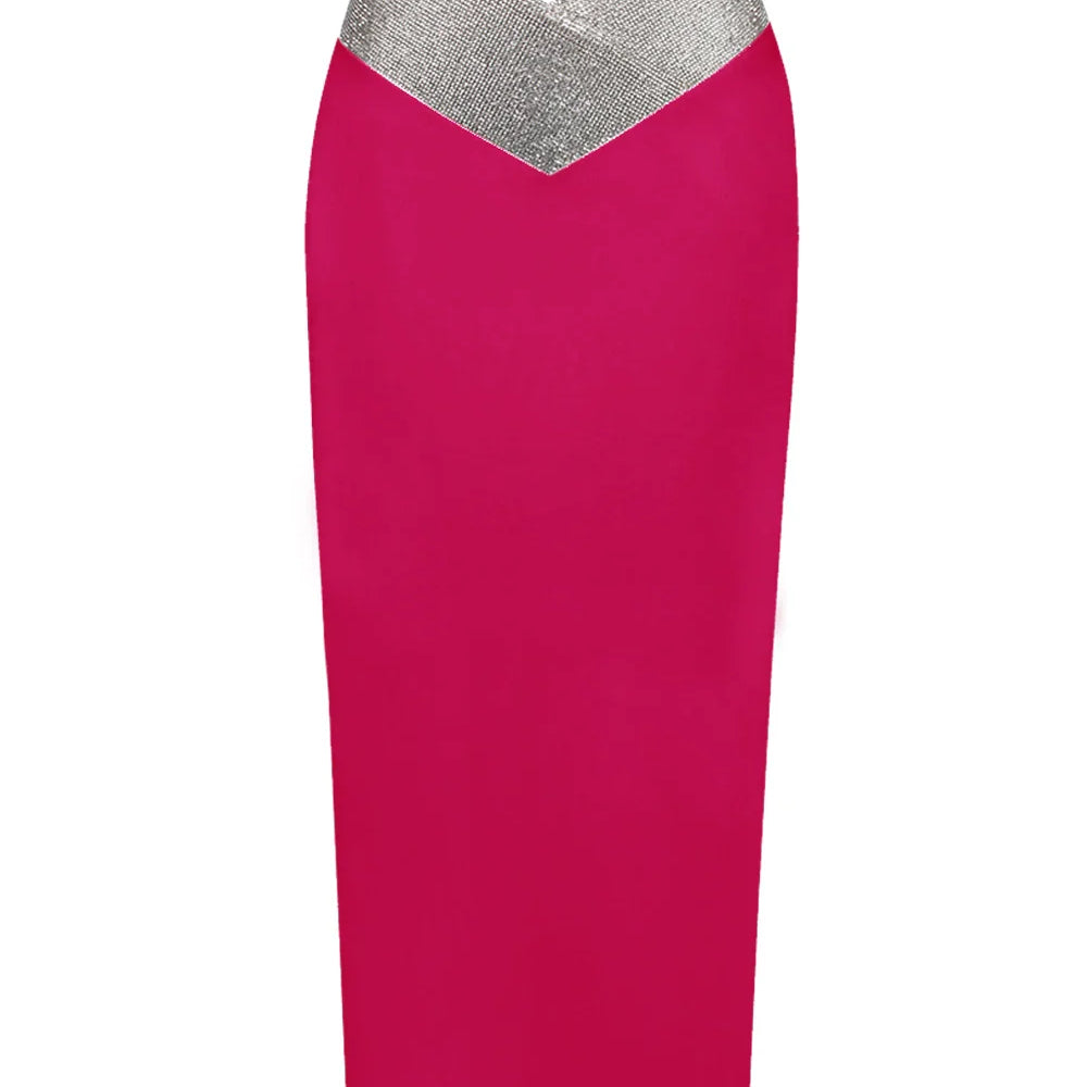 Women Crystal Diamonds White Black Bodycon Midi Bandage Skirt Designer High Waist Party Club Pencil Skirt 77cm Rose Red