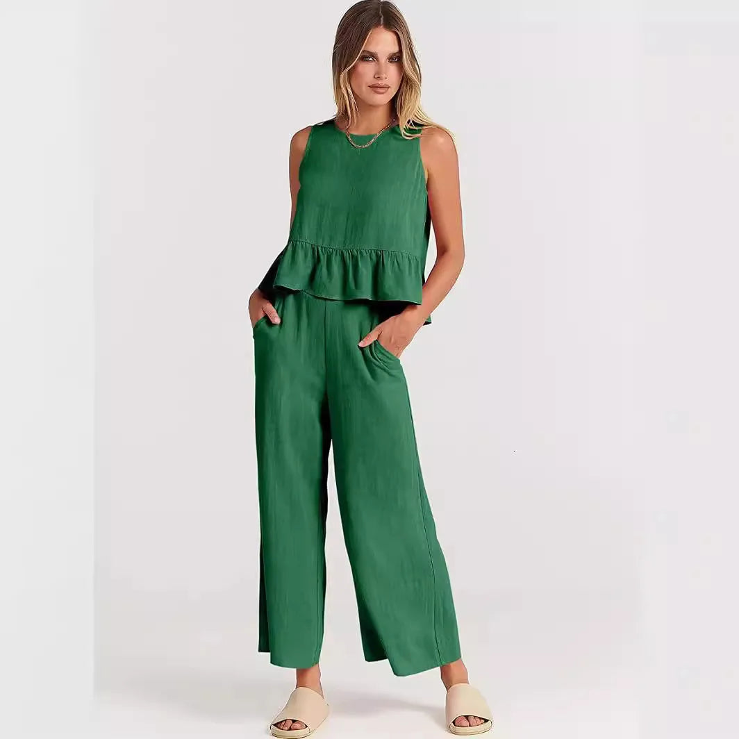 Women's S-3XL plus size Summer women's pleated sleeveless vest with wide leg straight leg cropped pants casual set Green