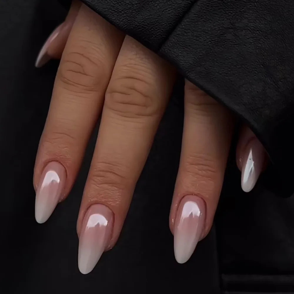 24Pcs Simple French Fake Nails Set with Glue Gradient White Almond Press on Nails Detachable Stiletto Full Cover False Nail Tips 3258
