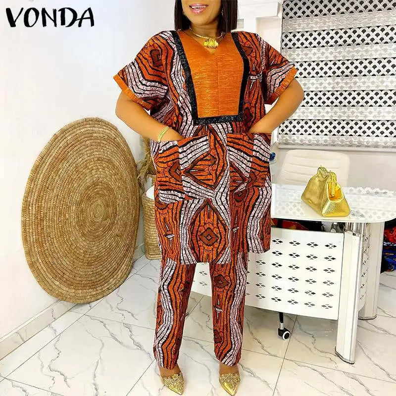 Plus Size 5XL Women Sets Summer Printing Loungewear Pants Sets VONDA 2024 Vintage Short Sleeve Tops Loose Pants Suits Two Piece Orange