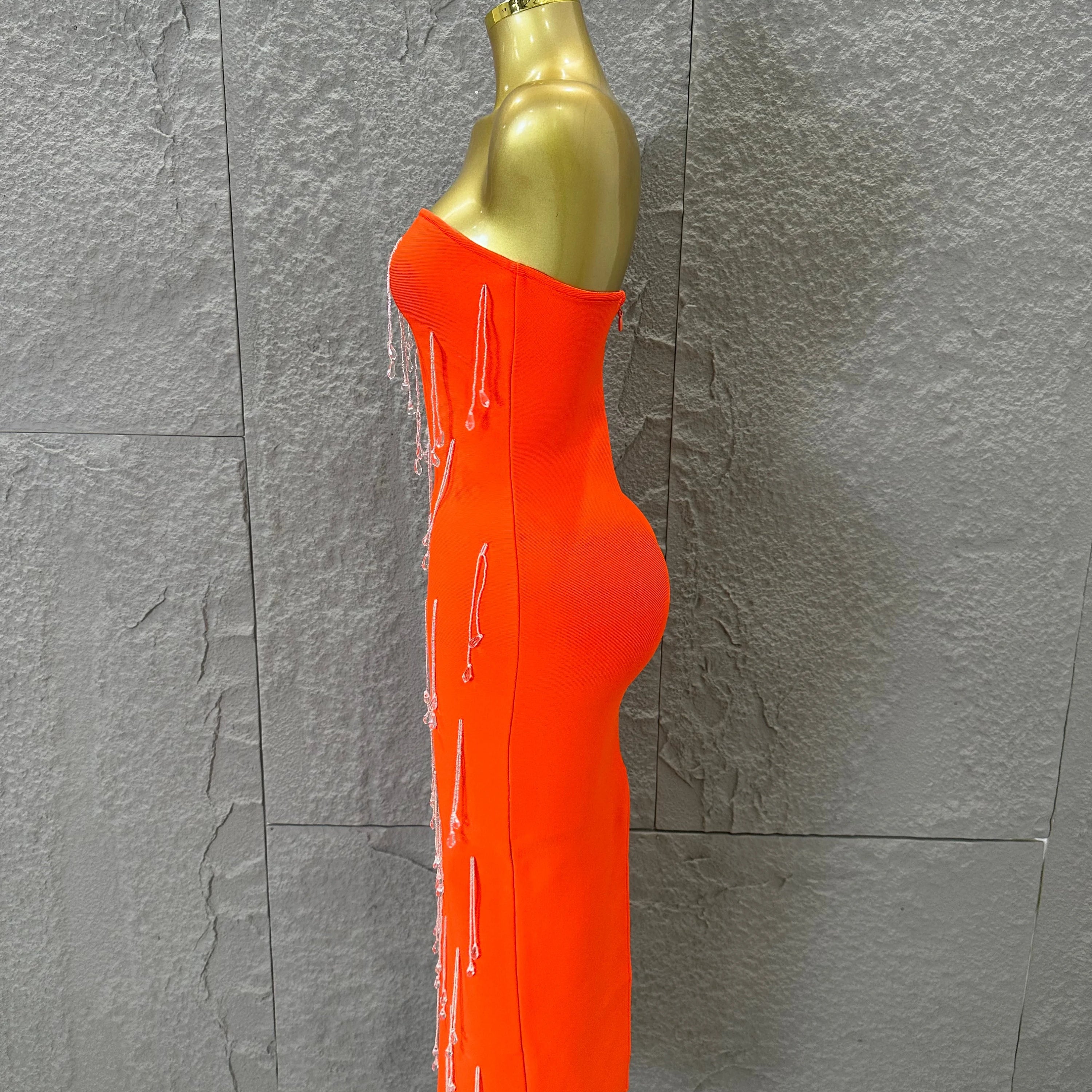 Elegant Orange Crystal Tassel Midi Dress Women Sexy Strapless Rhinestone Fringe Bodycon Slim-fit Outfit Evening Gala Costume