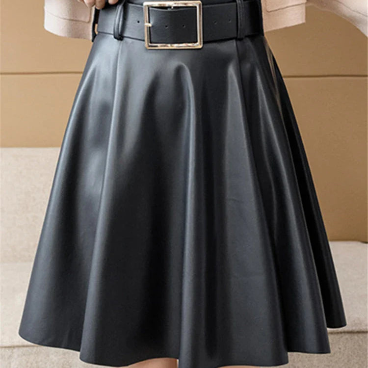 REALEFT Women's PU Leather Skirts With Belted 2022 New Fashion Solid Color High Waist Casual Short Ladies A-Line Skirts Female Black