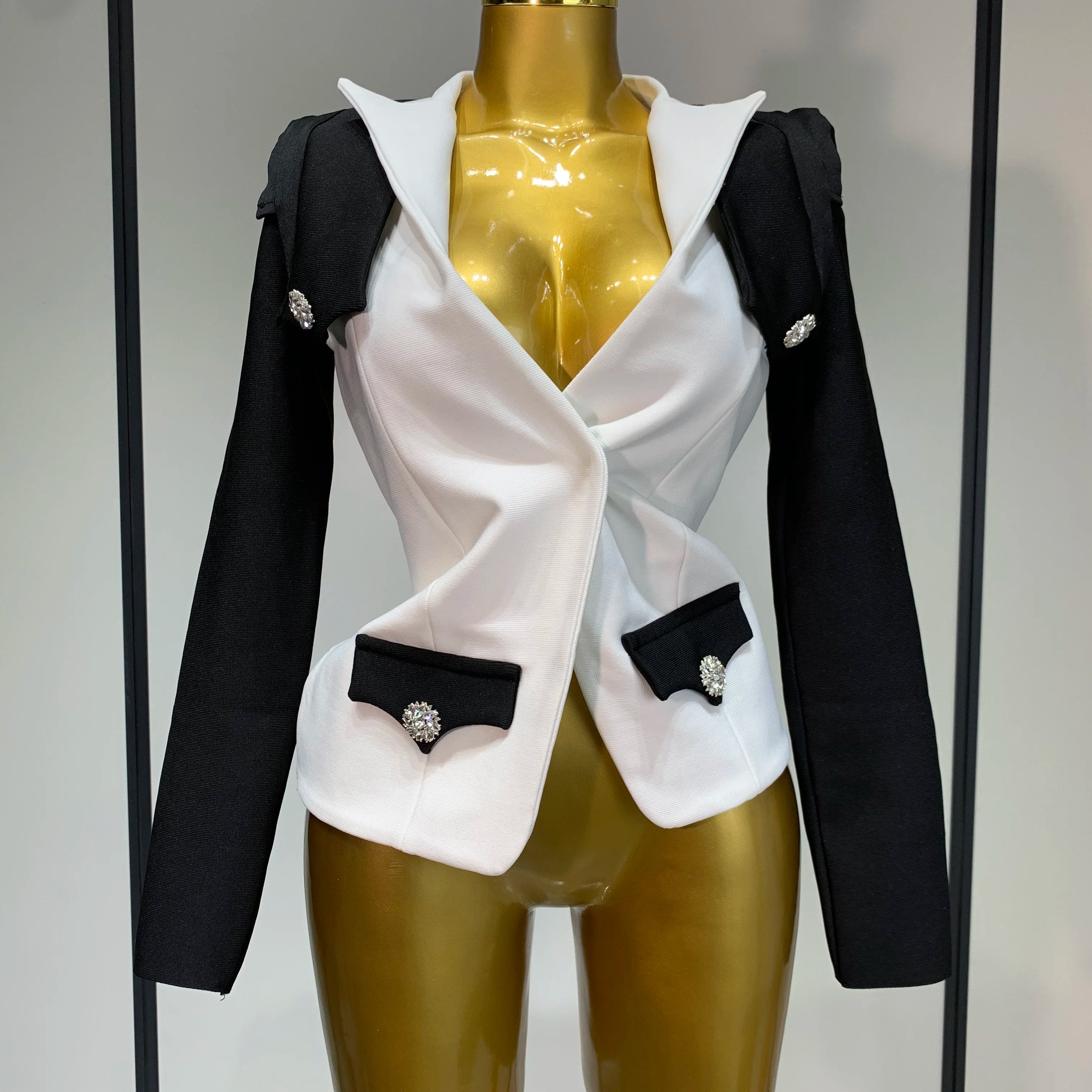 2025 New Designer Fashion Black White Bandage Jacket Two Piece Set Women Slim Fit Diamond Button Suit Jackets Coat