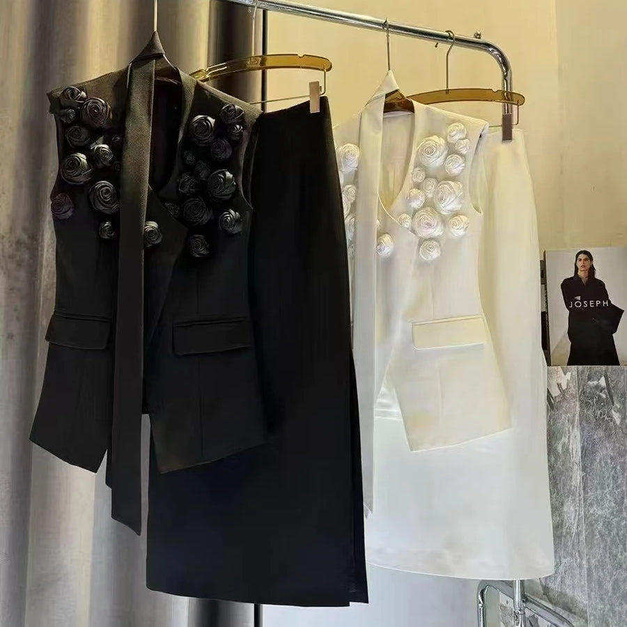 Solid Spliced Applique Two Piece Sets for Women V Neck Sleeveless Patchwork Lace Up Top High Waist Skirt Set Female