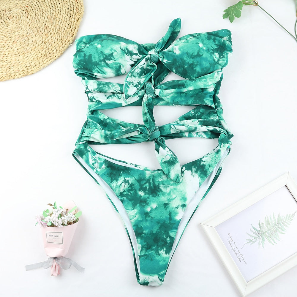 Sexy One Piece Swimsuit Swimwear - Double Sided Green Print Hollow Knotted Bathing Suit Beachwear Trajes De Bano Mujer