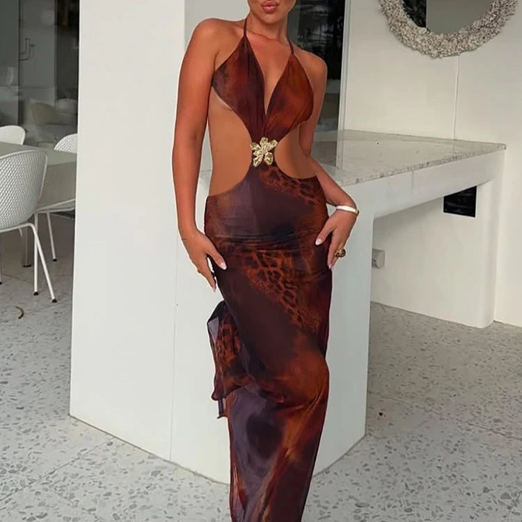 Halter Deep V Neck Print Sexy Maxi Dress For Women Gown Summer New Hollow Out Sleeveless Backless Beach Long Dress