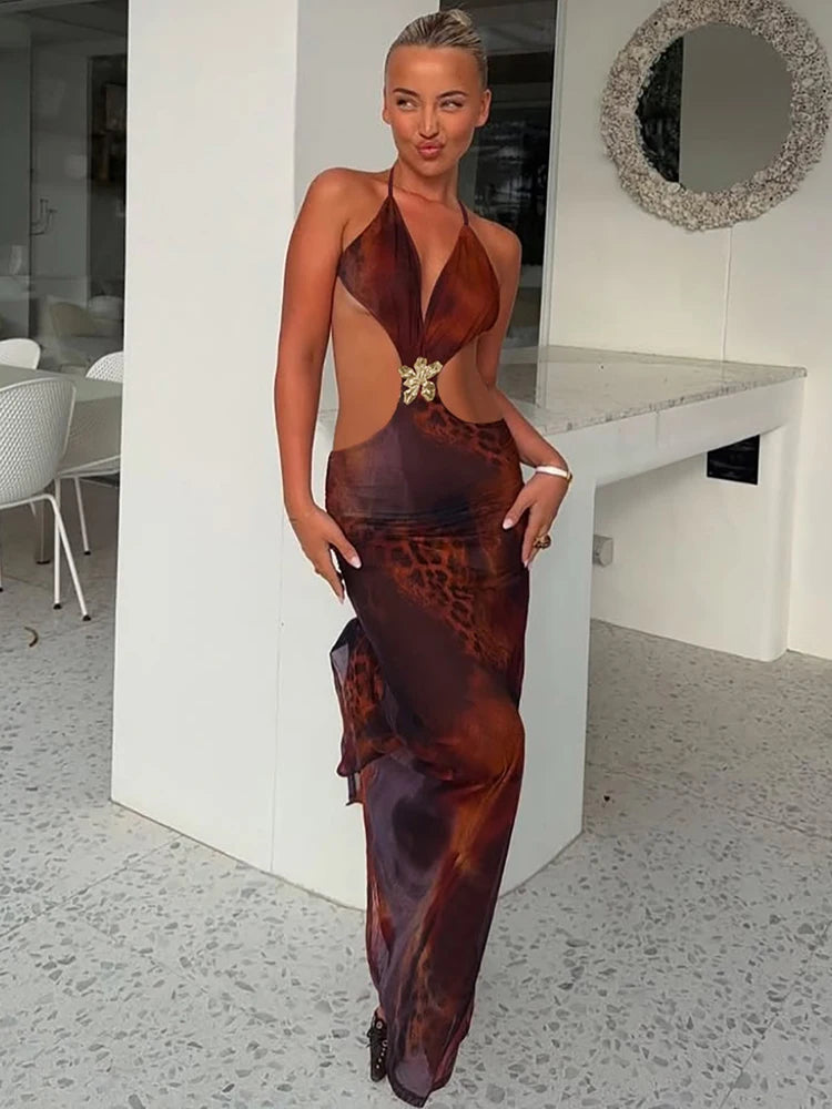 Halter Deep V Neck Print Sexy Maxi Dress For Women Gown Summer New Hollow Out Sleeveless Backless Beach Long Dress