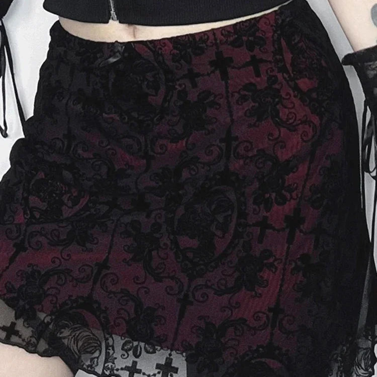 AltGoth Streetwear Elegant Gothic Skirt Women Vintage Emo Alternative Grunge High Waist Flockling Patchwork Mini Skirt Clubwear