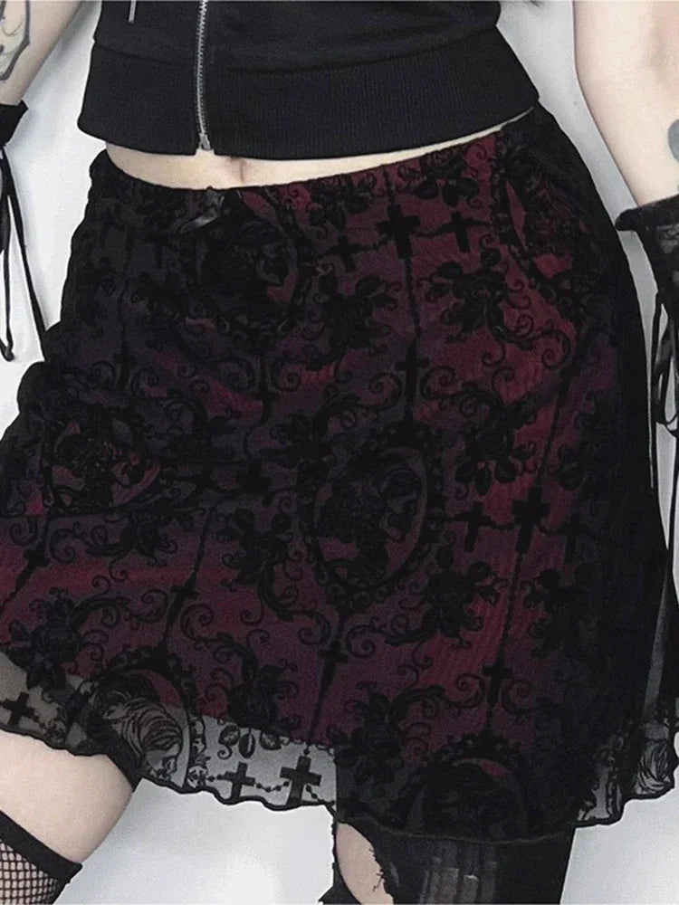 AltGoth Streetwear Elegant Gothic Skirt Women Vintage Emo Alternative Grunge High Waist Flockling Patchwork Mini Skirt Clubwear