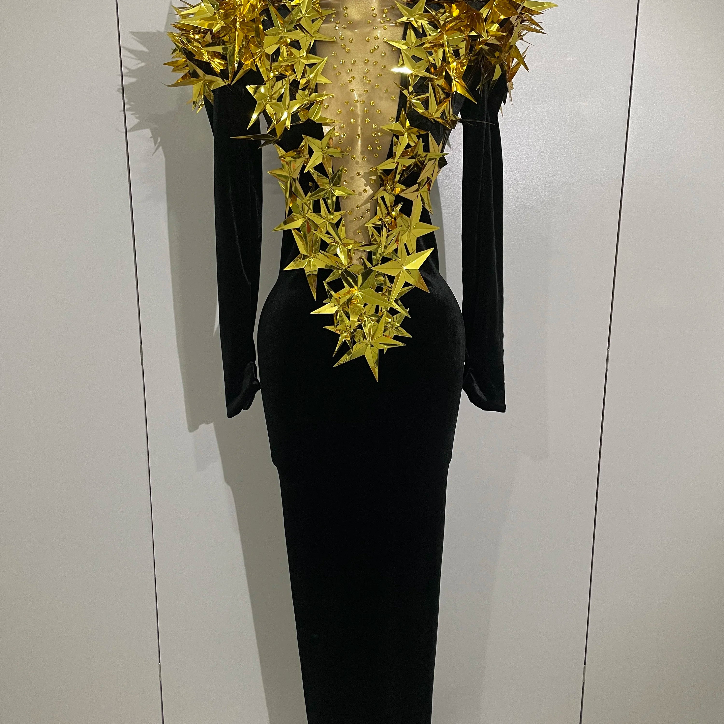 2025 New Shiny Gold Star Rhinestone Velvet Long Dress Women Evening Birthday Party Club Gala Hosts NightClub Bar Stage Costumes black