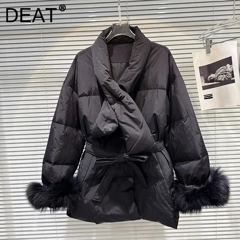 Winter New Elegant Temperament Furry Cuff Scarf Tie Waist Warm Jacket For Women Loose Cotton-padded Coat 11A07600