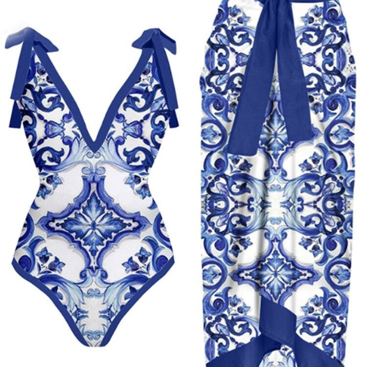 Skirt Cover Up Bodysuit Set Women Bandage Bathing Suit Swimwear Summer New Fashion Print Beach Holiday Bodysuit Cover Up Outfits