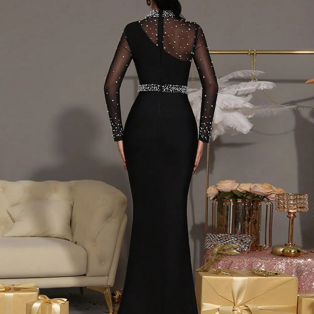 2025 Sexy Women Light Luxury Nail Bead Patchwork Bandage Dress Stand Collar Long Sleeved Bodycon Black Long Dress Party Vestidos