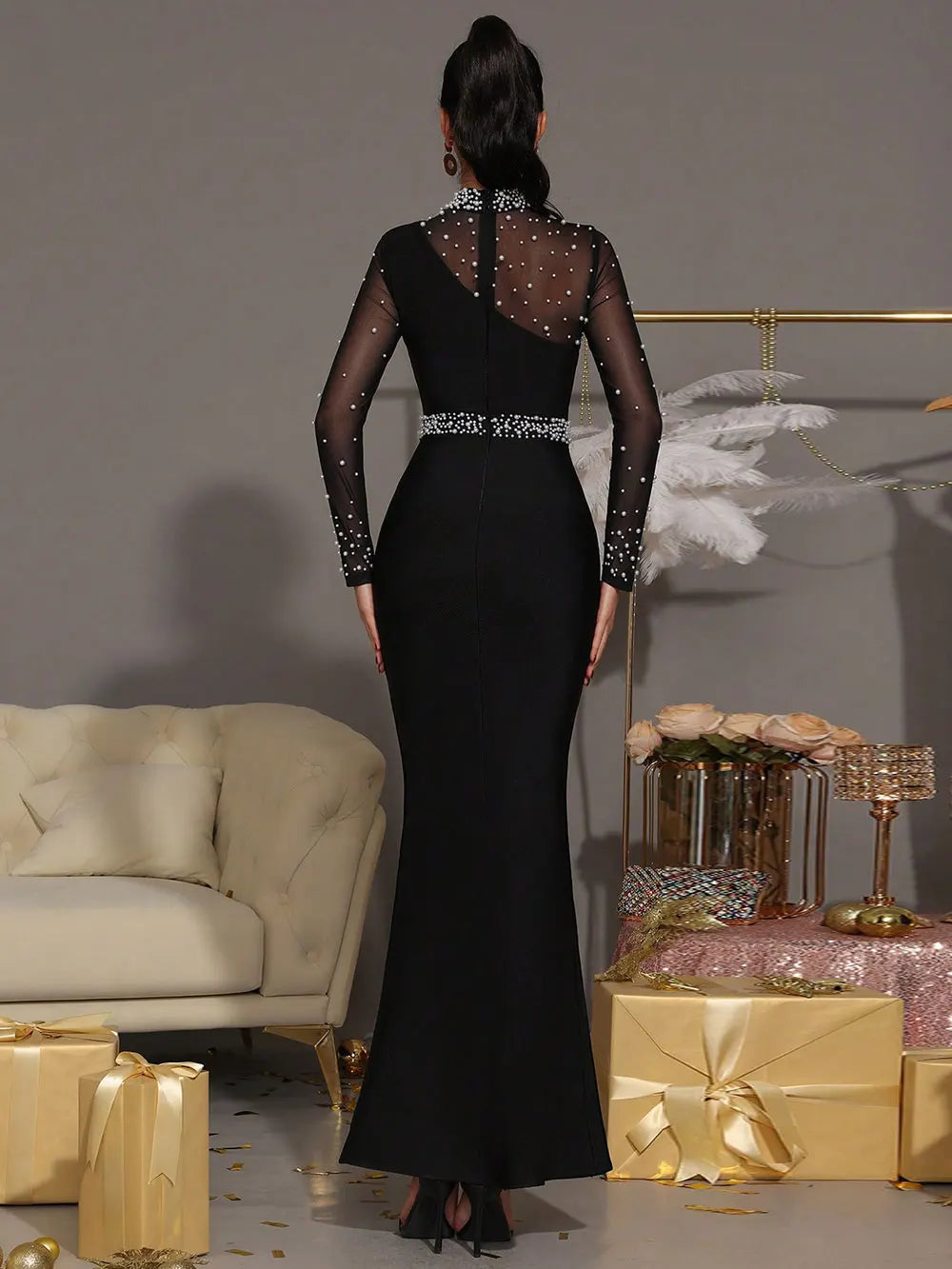 2025 Sexy Women Light Luxury Nail Bead Patchwork Bandage Dress Stand Collar Long Sleeved Bodycon Black Long Dress Party Vestidos