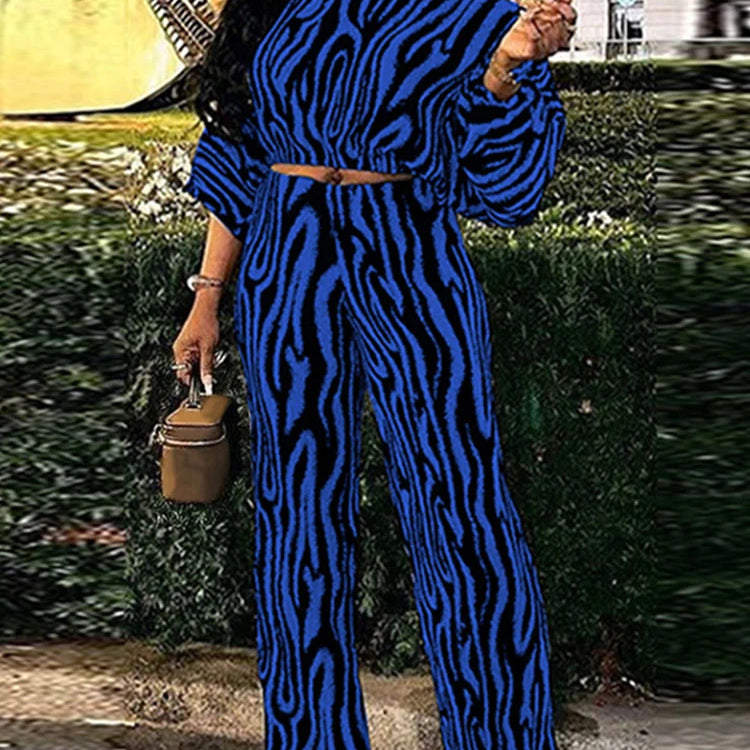 Plus Size VONDA Women Pant Sets Zebra-stripe Bohemian Printed 2PCS Long Sleeve Skew Collar Top and High Waist Pants Casual Sets Blue