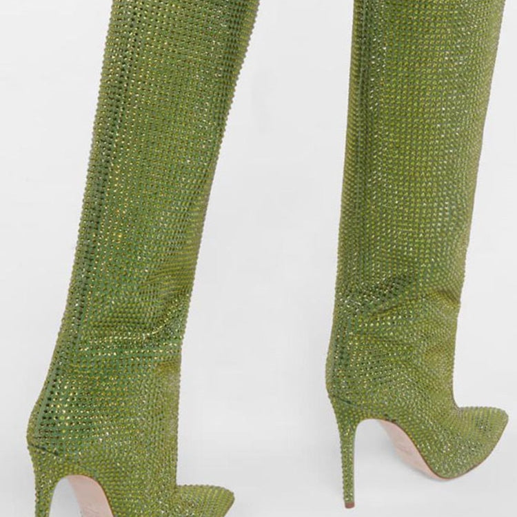 Women's New European and American Fashion Show Starry Sky High-heeled Rhinestone Pointed Nightclub Four Seasons Boots green 9cm