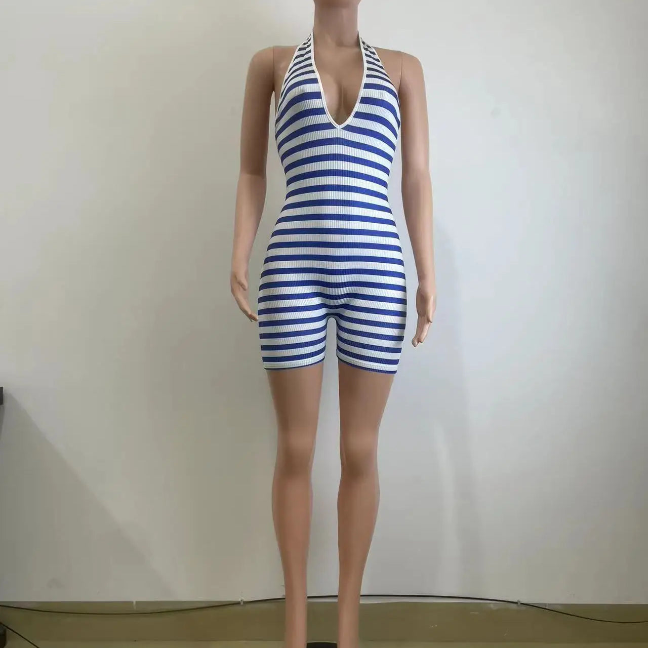 Women Striped Sleeveless Halter Romper and Playsuit Backless Lace Up 2025 Summer Night Club Chic One Piece Suit Jumpsuit