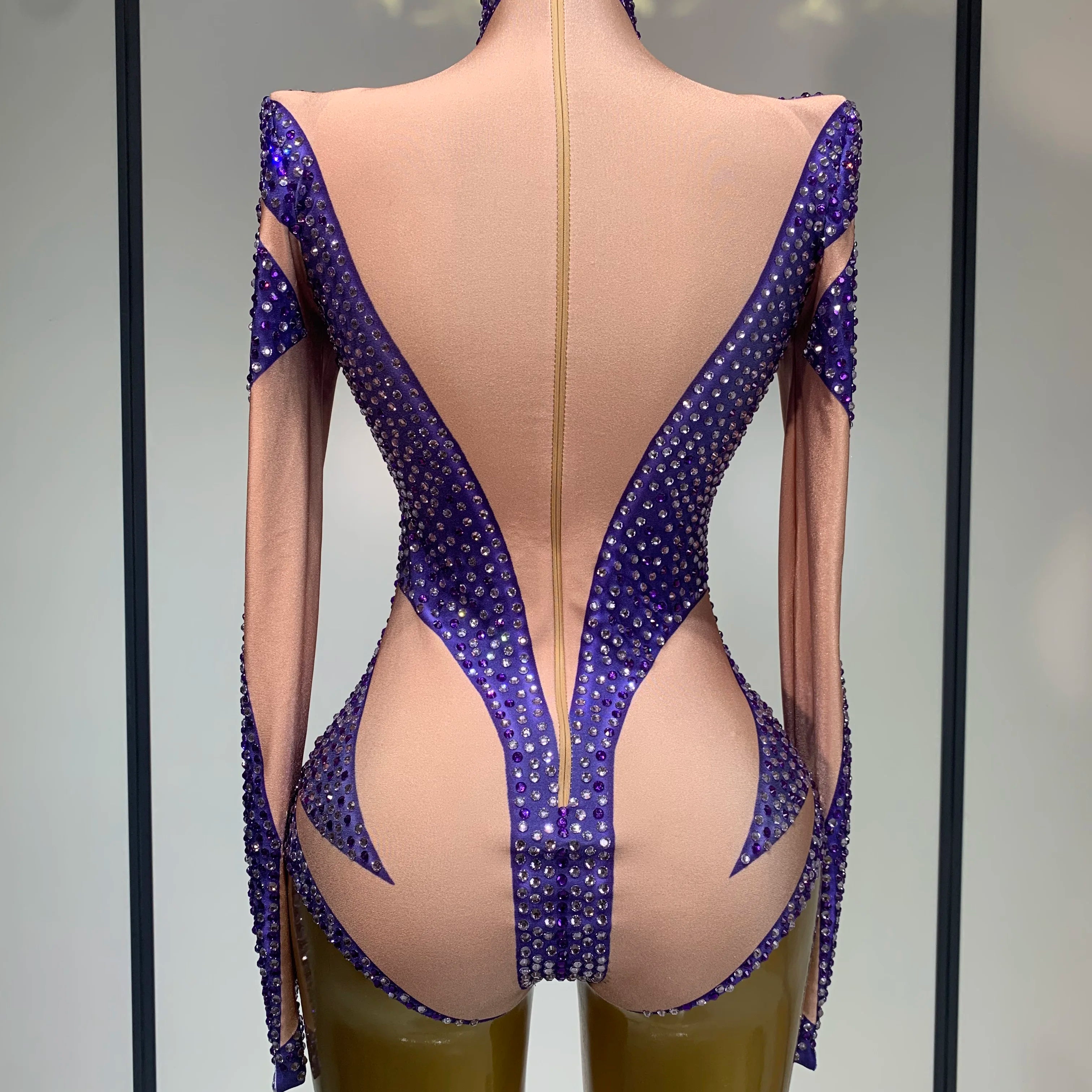 Luxury Rhinestone Elastic Long Sleeved Bodysuit 2025 Club Singer Dancer Stage Performa Costume Evening Party Outfit