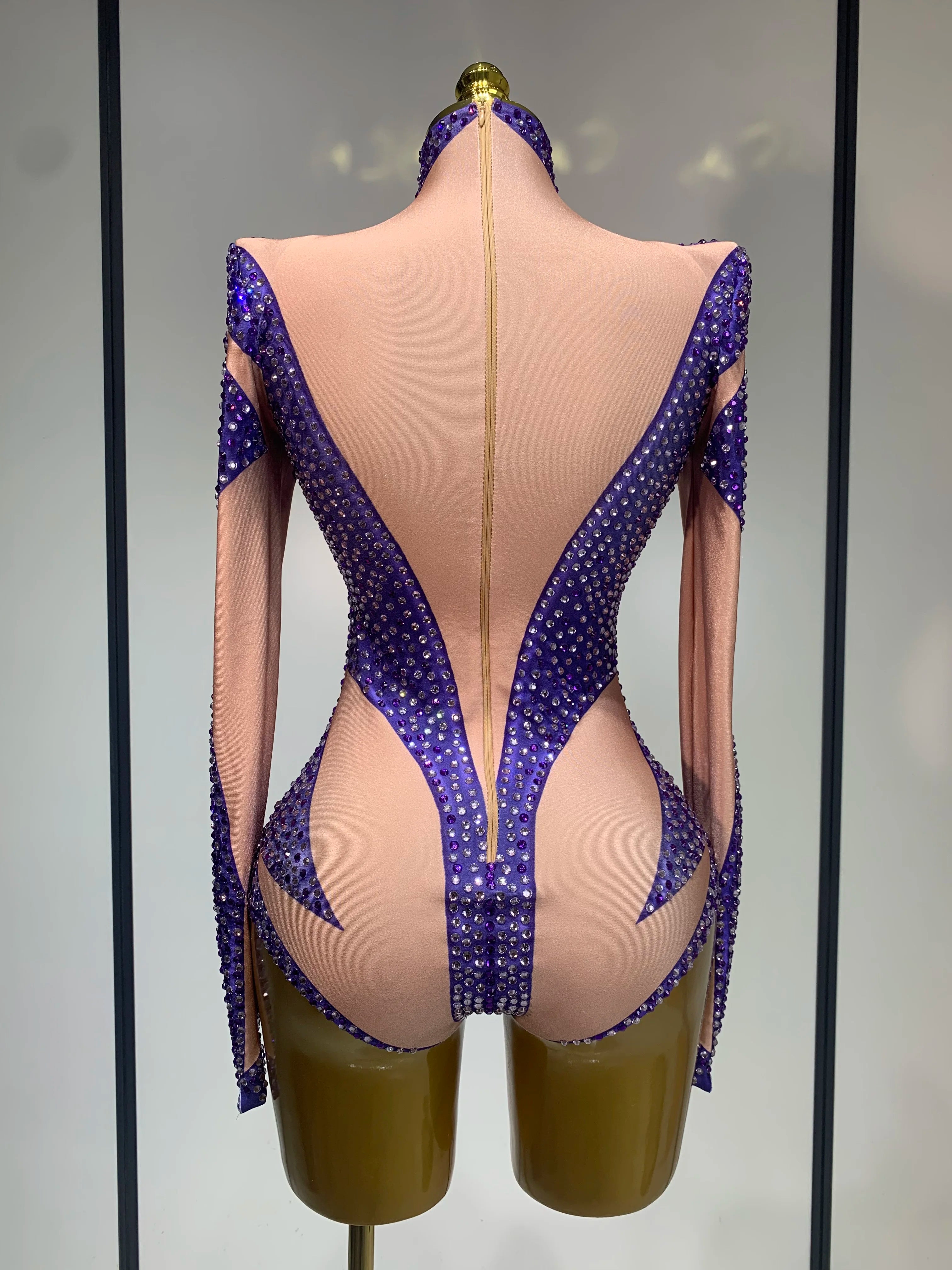 Luxury Rhinestone Elastic Long Sleeved Bodysuit 2025 Club Singer Dancer Stage Performa Costume Evening Party Outfit